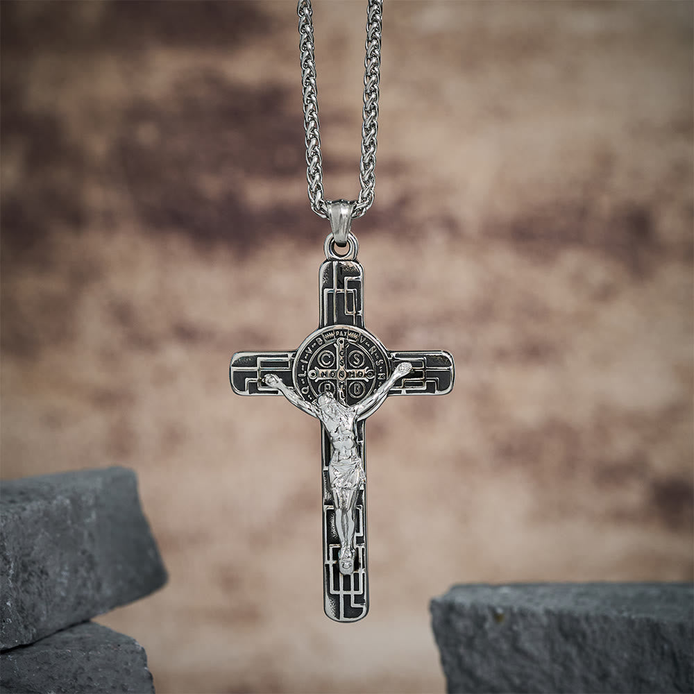 Classic Retro Style Crucifix St. Benedict Medal Protection Pendant Necklace