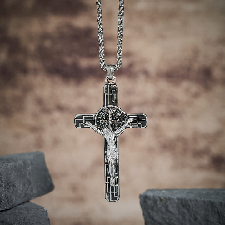 Classic Retro Style Crucifix St. Benedict Medal Protection Pendant Necklace