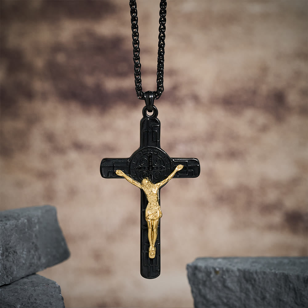 Classic Retro Style Crucifix St. Benedict Medal Protection Pendant Necklace