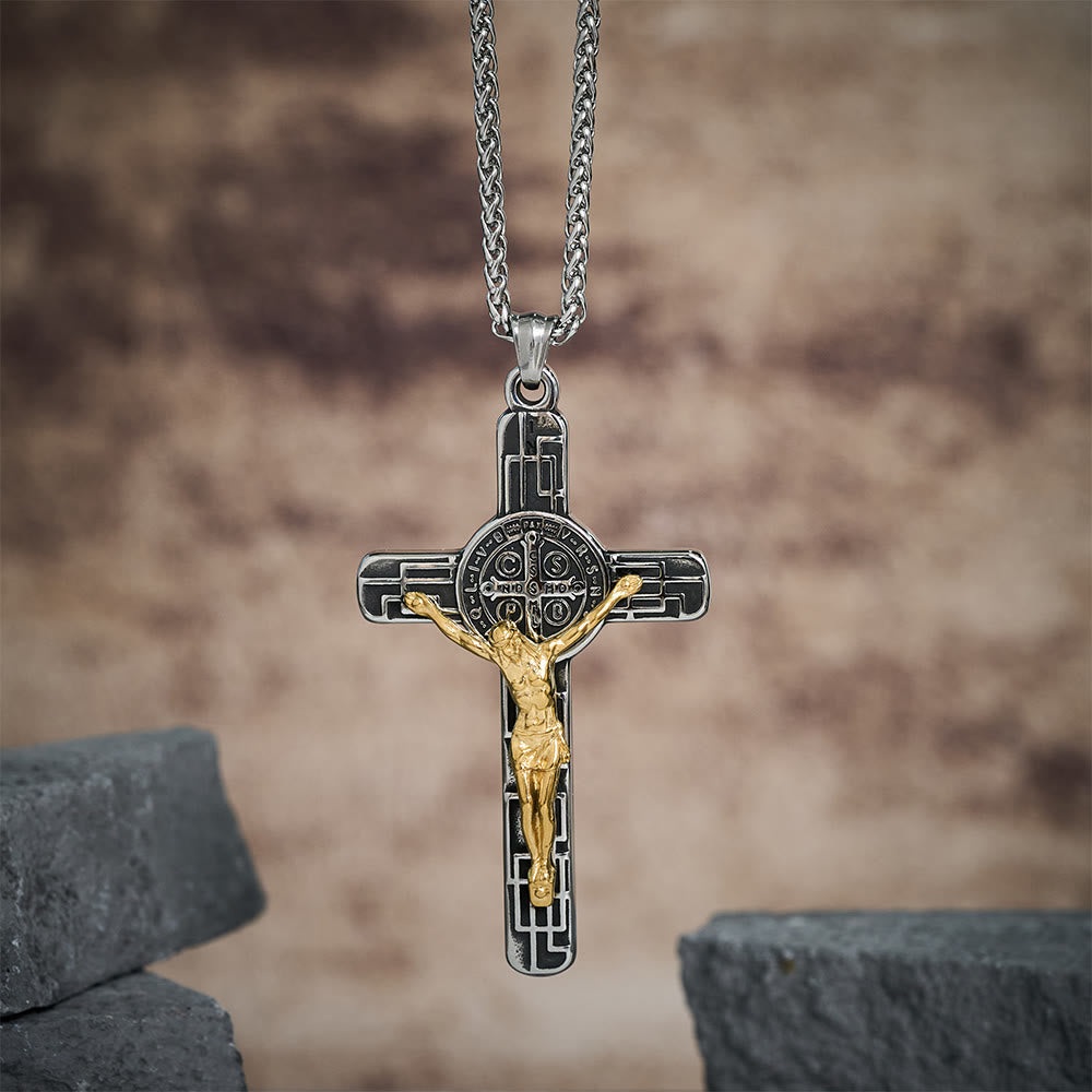 Classic Retro Style Crucifix St. Benedict Medal Protection Pendant Necklace