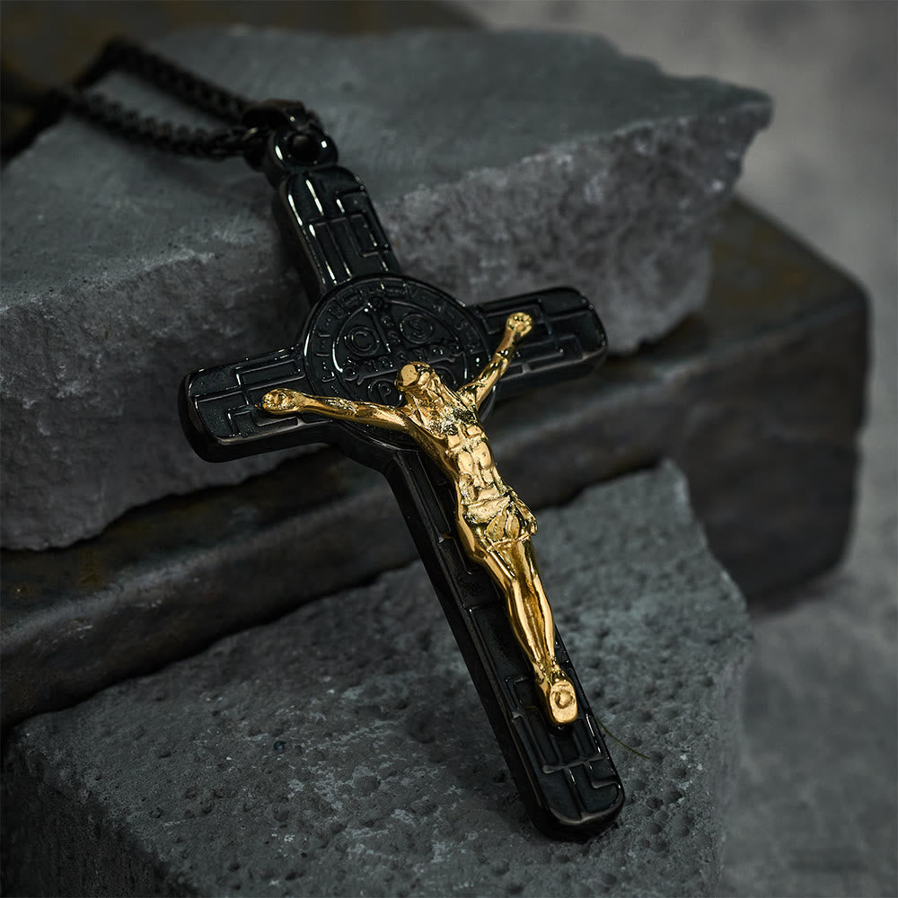 Classic Retro Style Crucifix St. Benedict Medal Protection Pendant Necklace