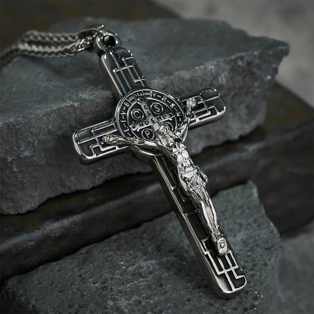 Classic Retro Style Crucifix St. Benedict Medal Protection Pendant Necklace