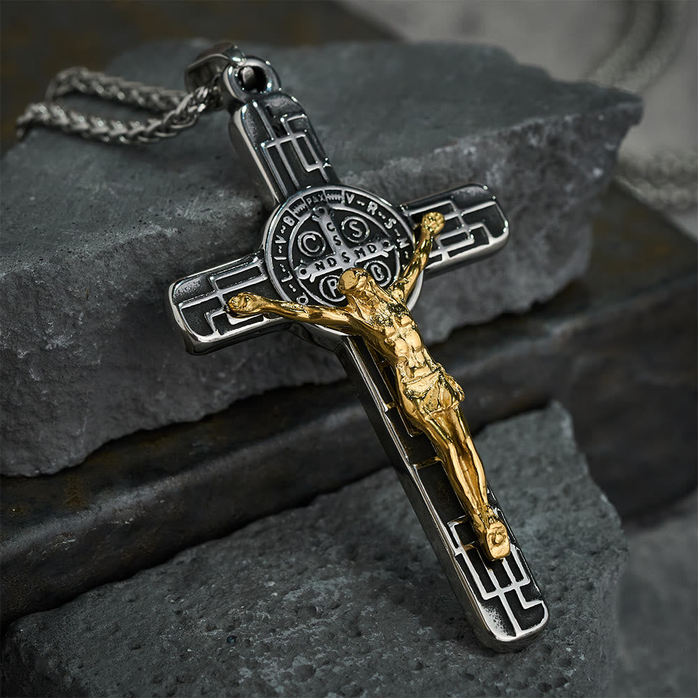 Classic Retro Style Crucifix St. Benedict Medal Protection Pendant Necklace