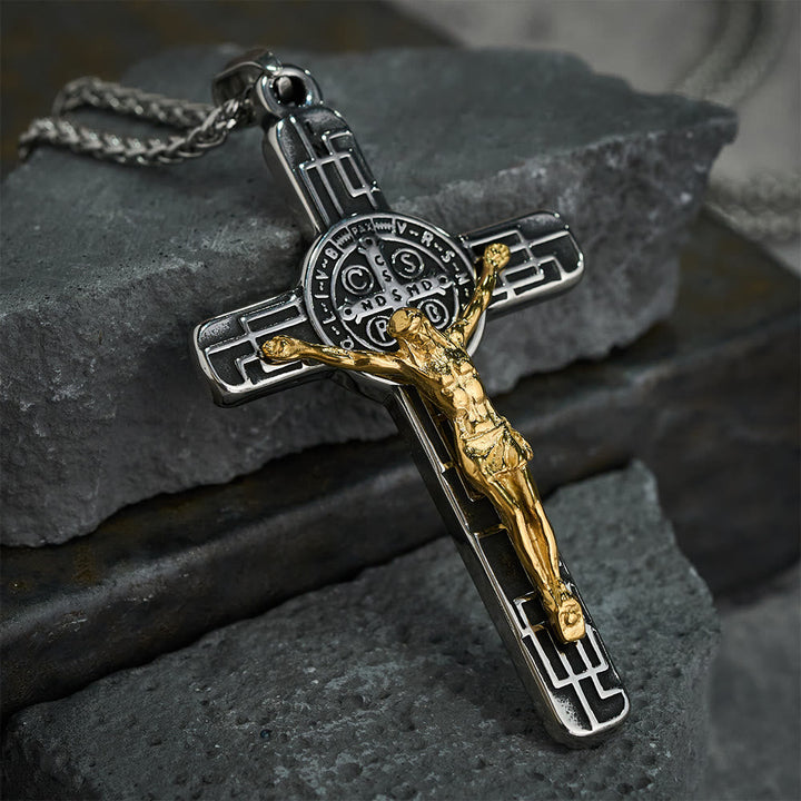 Classic Retro Style Crucifix St. Benedict Medal Protection Pendant Necklace