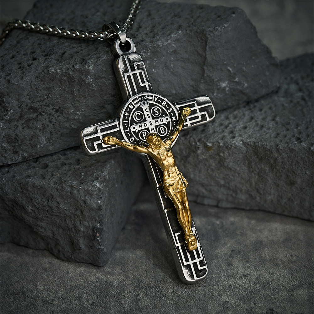 Classic Retro Style Crucifix St. Benedict Medal Protection Pendant Necklace