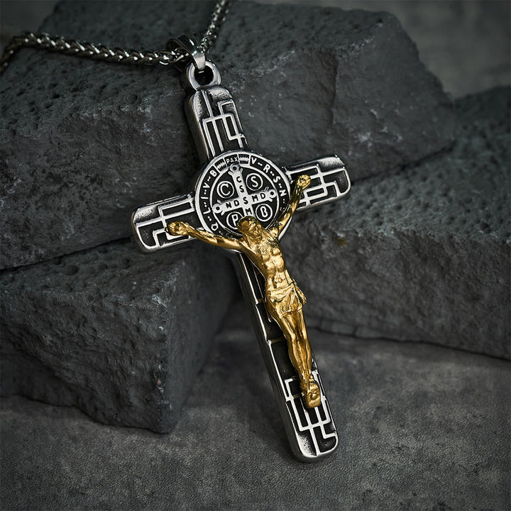 Classic Retro Style Crucifix St. Benedict Medal Protection Pendant Necklace