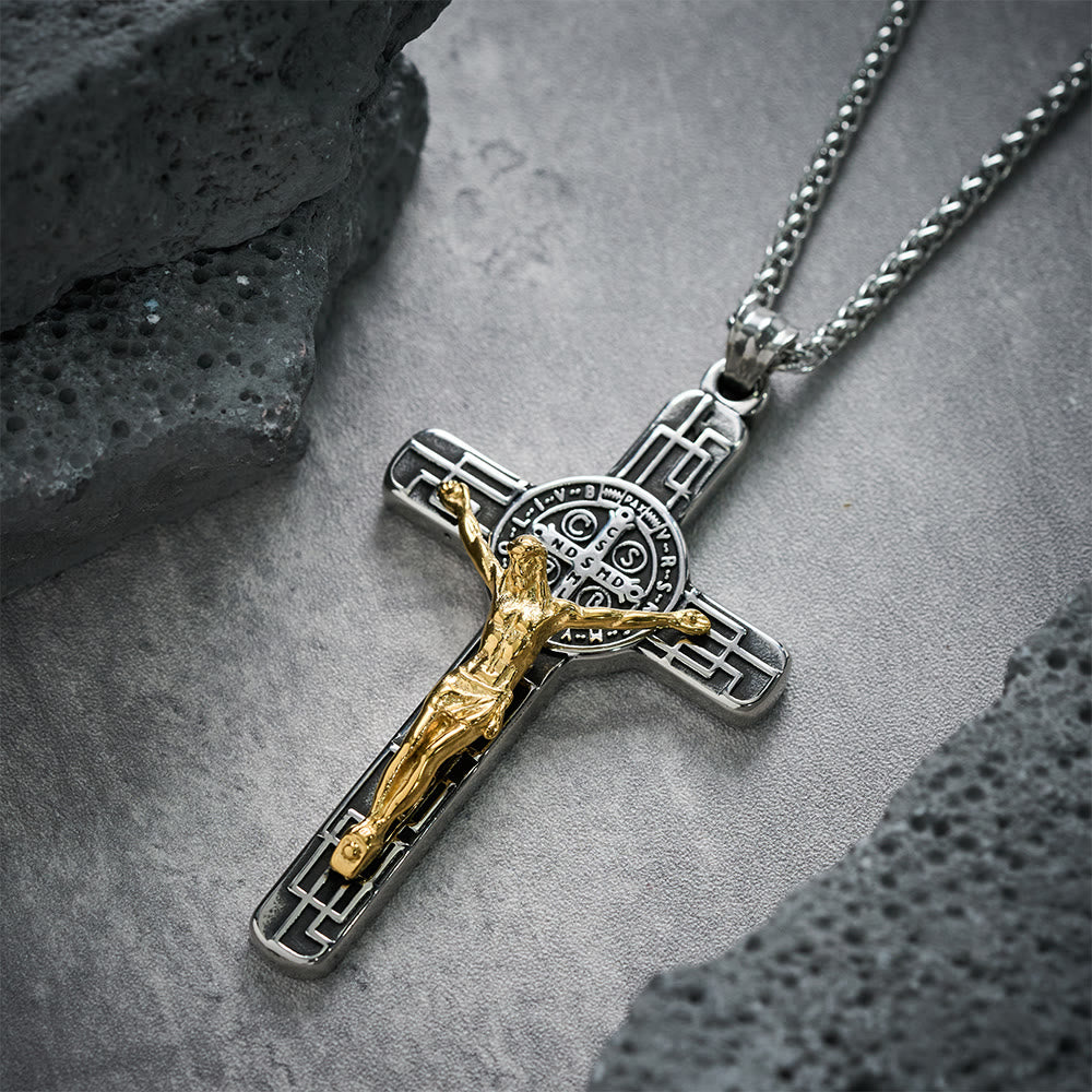 Classic Retro Style Crucifix St. Benedict Medal Protection Pendant Necklace