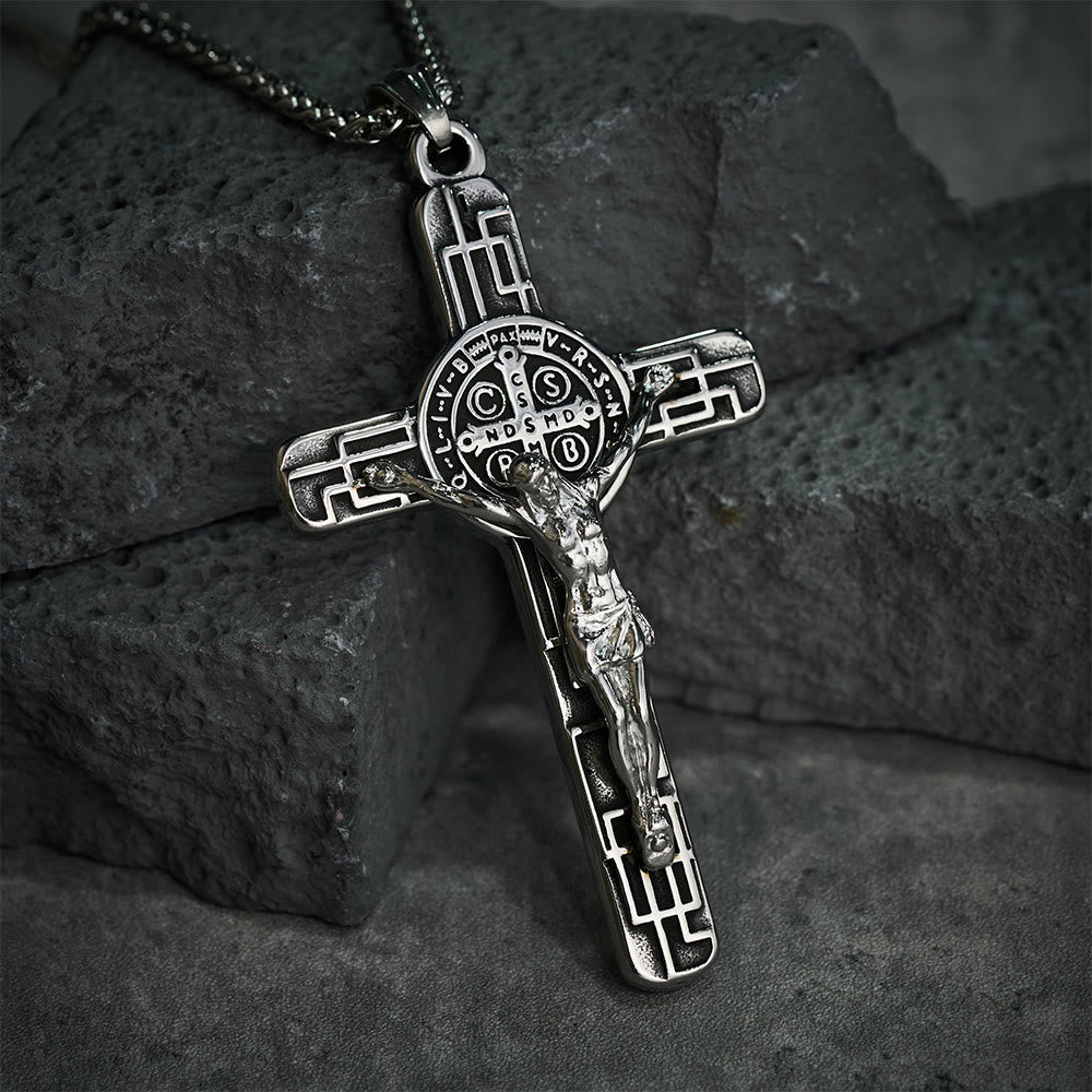 Classic Retro Style Crucifix St. Benedict Medal Protection Pendant Necklace
