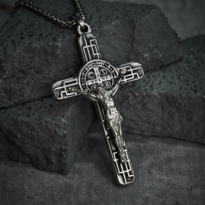 Classic Retro Style Crucifix St. Benedict Medal Protection Pendant Necklace