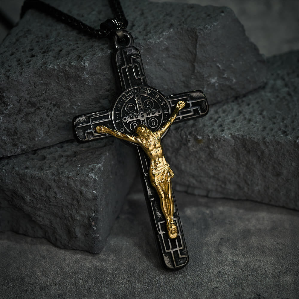 Classic Retro Style Crucifix St. Benedict Medal Protection Pendant Necklace