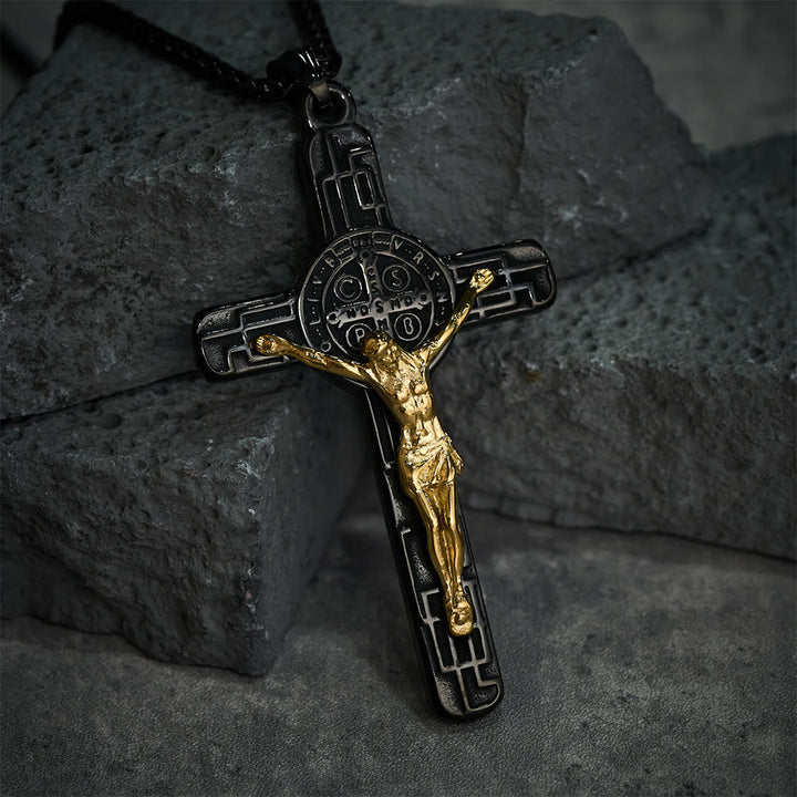 Classic Retro Style Crucifix St. Benedict Medal Protection Pendant Necklace