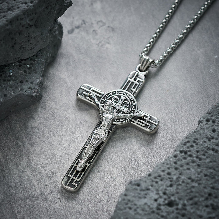 Classic Retro Style Crucifix St. Benedict Medal Protection Pendant Necklace