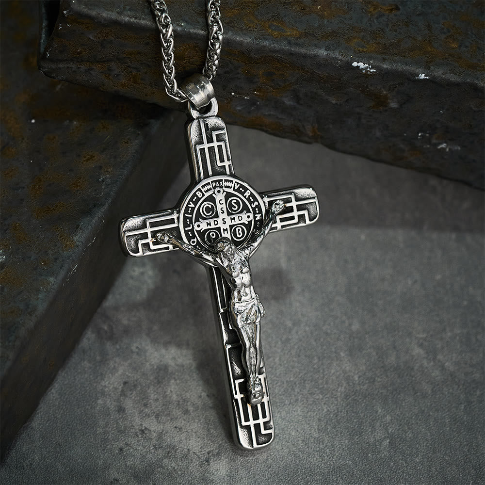 Classic Retro Style Crucifix St. Benedict Medal Protection Pendant Necklace