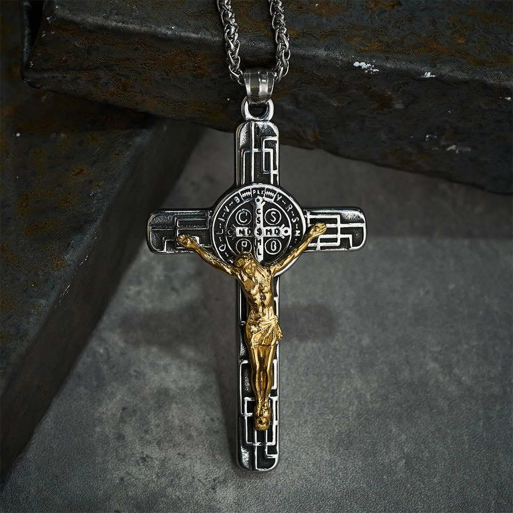 Classic Retro Style Crucifix St. Benedict Medal Protection Pendant Necklace