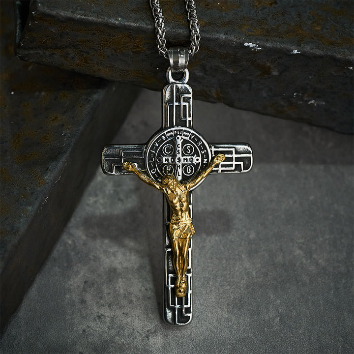 Classic Retro Style Crucifix St. Benedict Medal Protection Pendant Necklace
