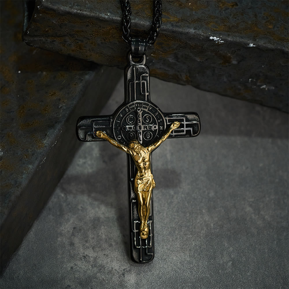 Classic Retro Style Crucifix St. Benedict Medal Protection Pendant Necklace