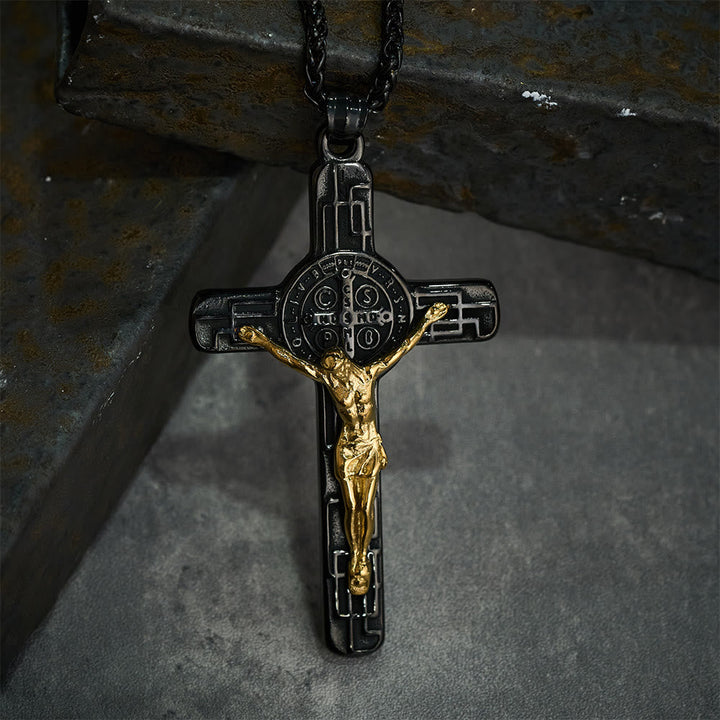 Classic Retro Style Crucifix St. Benedict Medal Protection Pendant Necklace