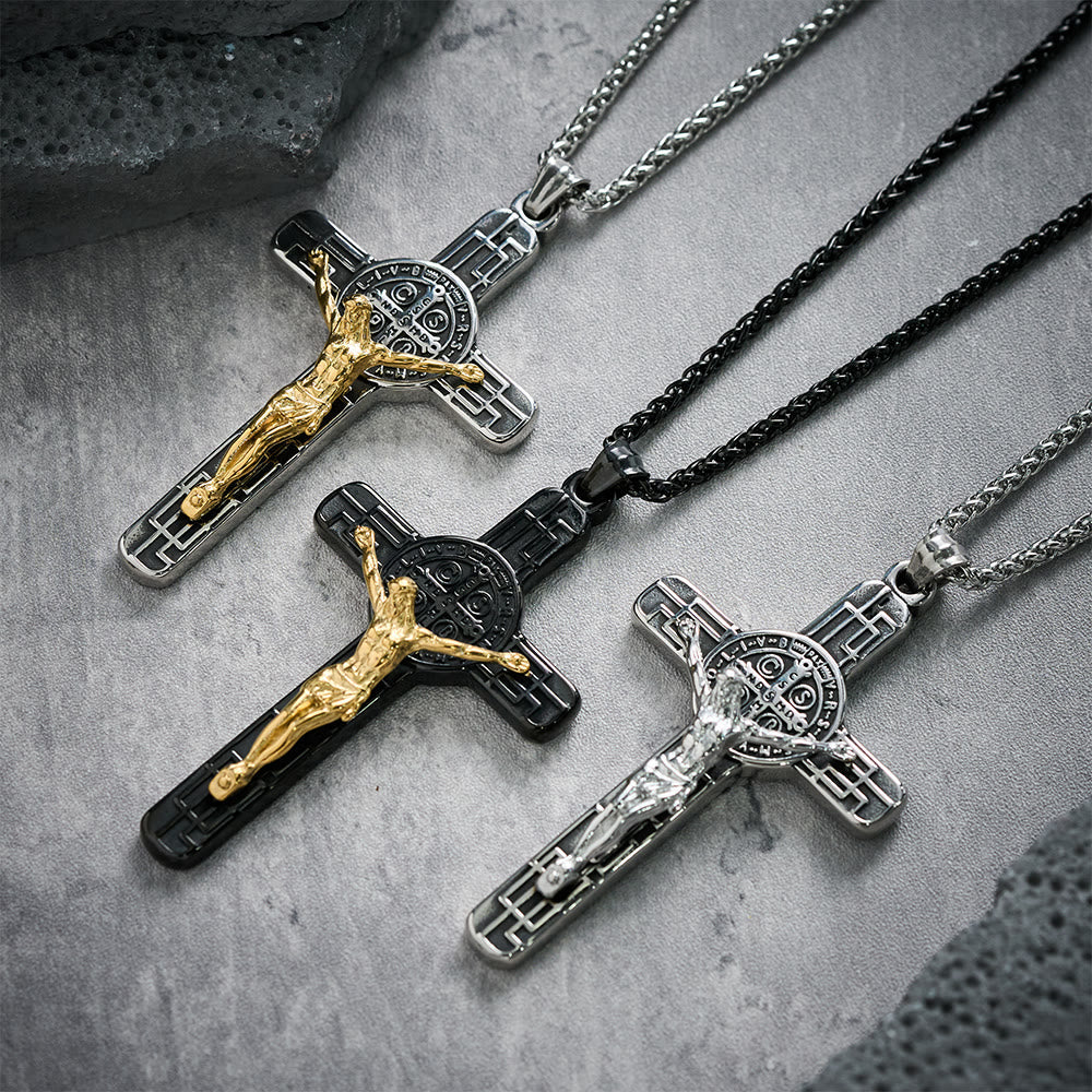 Classic Retro Style Crucifix St. Benedict Medal Protection Pendant Necklace