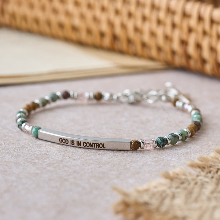 Natural African Turquoise Psalm 46:5 Bracelet: Engraved Bar & Stone Bead Design