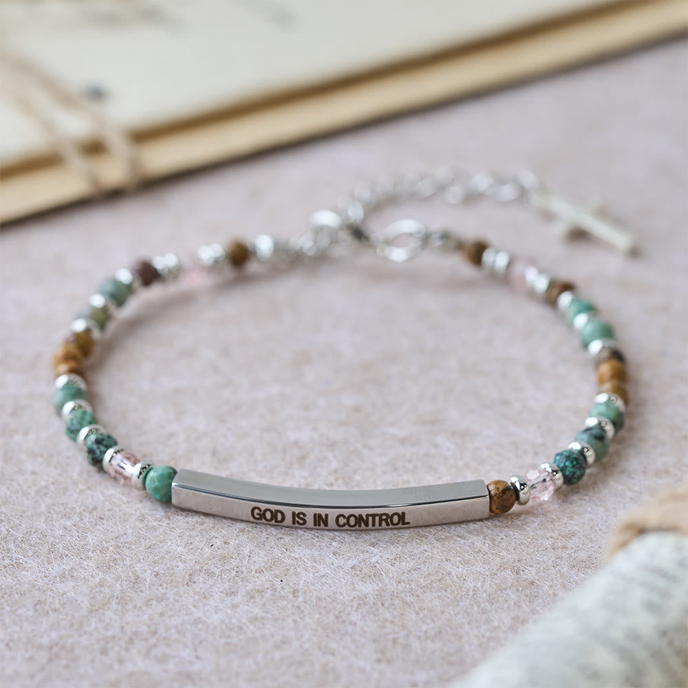 Natural African Turquoise Psalm 46:5 Bracelet: Engraved Bar & Stone Bead Design