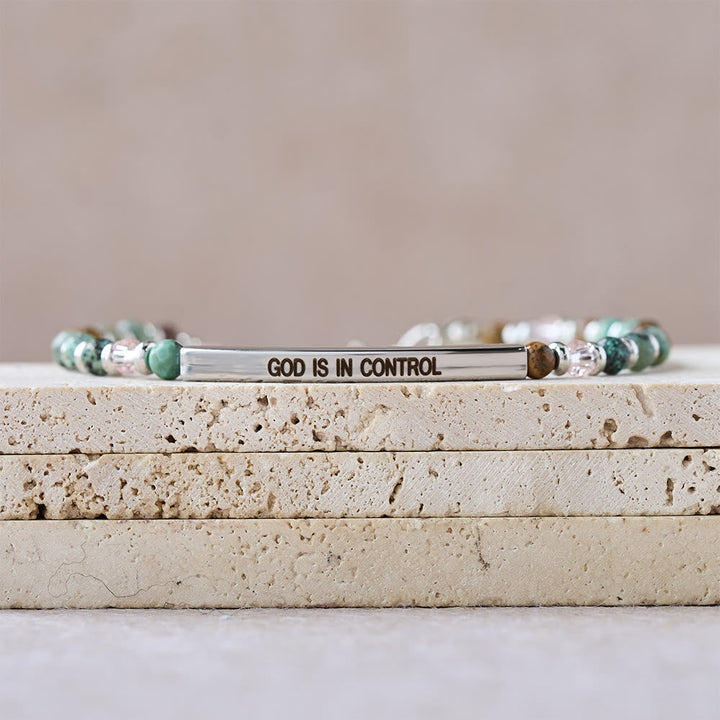 Natural African Turquoise Psalm 46:5 Bracelet: Engraved Bar & Stone Bead Design