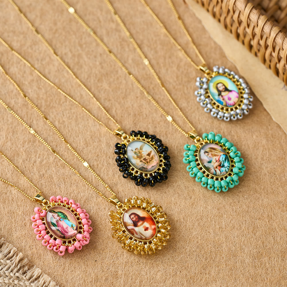 Marian Icon Beaded Oval Pendant Necklace: A Token of Virgin Mary Devotion