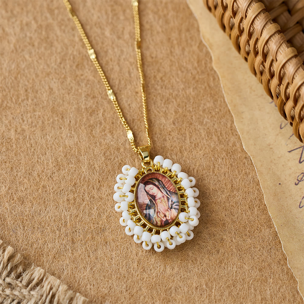 Marian Icon Beaded Oval Pendant Necklace: A Token of Virgin Mary Devotion
