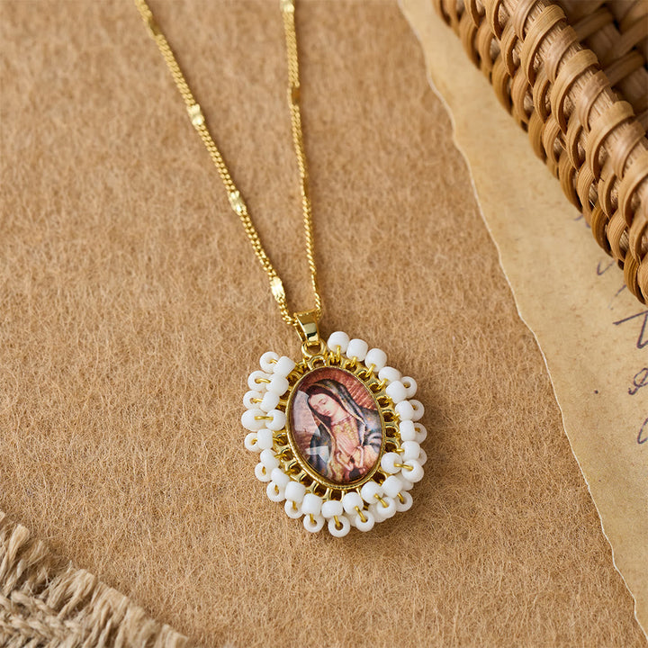 Marian Icon Beaded Oval Pendant Necklace: A Token of Virgin Mary Devotion