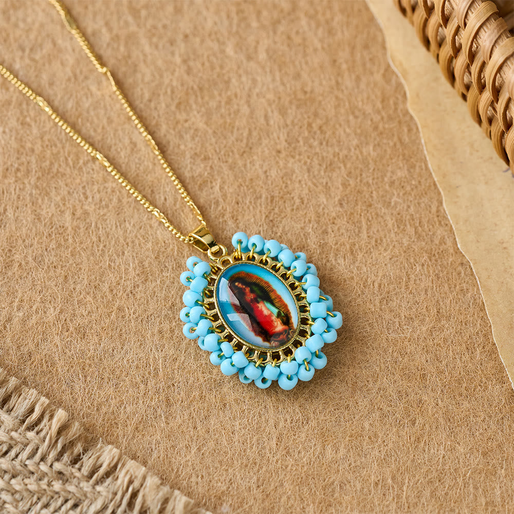 Marian Icon Beaded Oval Pendant Necklace: A Token of Virgin Mary Devotion