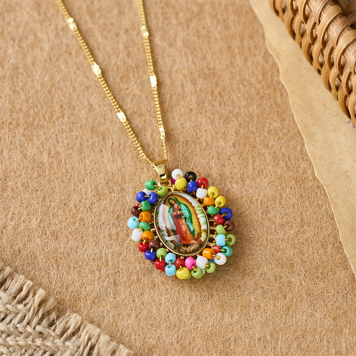 Marian Icon Beaded Oval Pendant Necklace: A Token of Virgin Mary Devotion