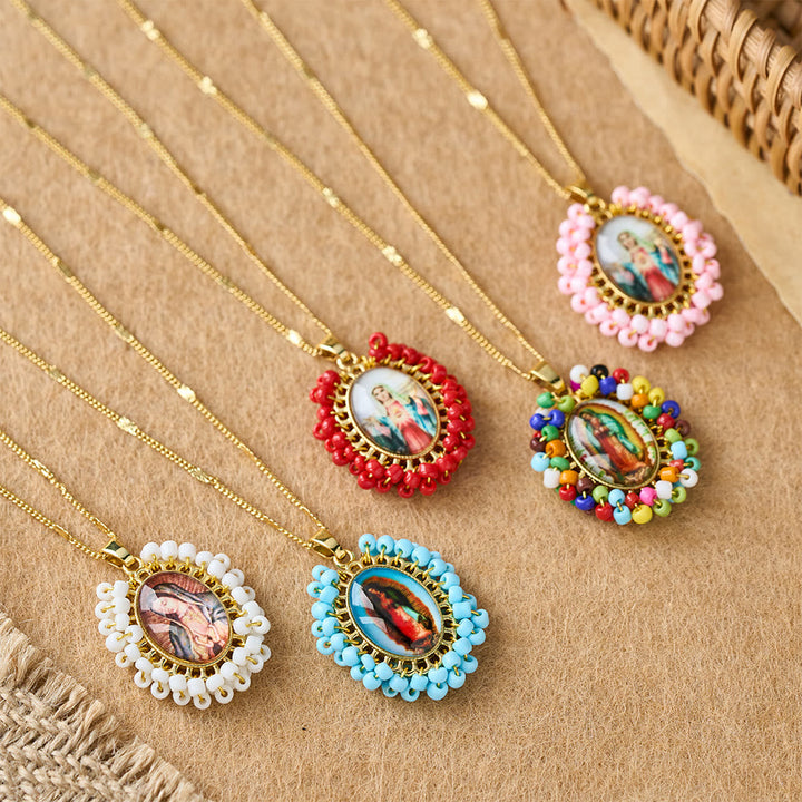 Marian Icon Beaded Oval Pendant Necklace: A Token of Virgin Mary Devotion