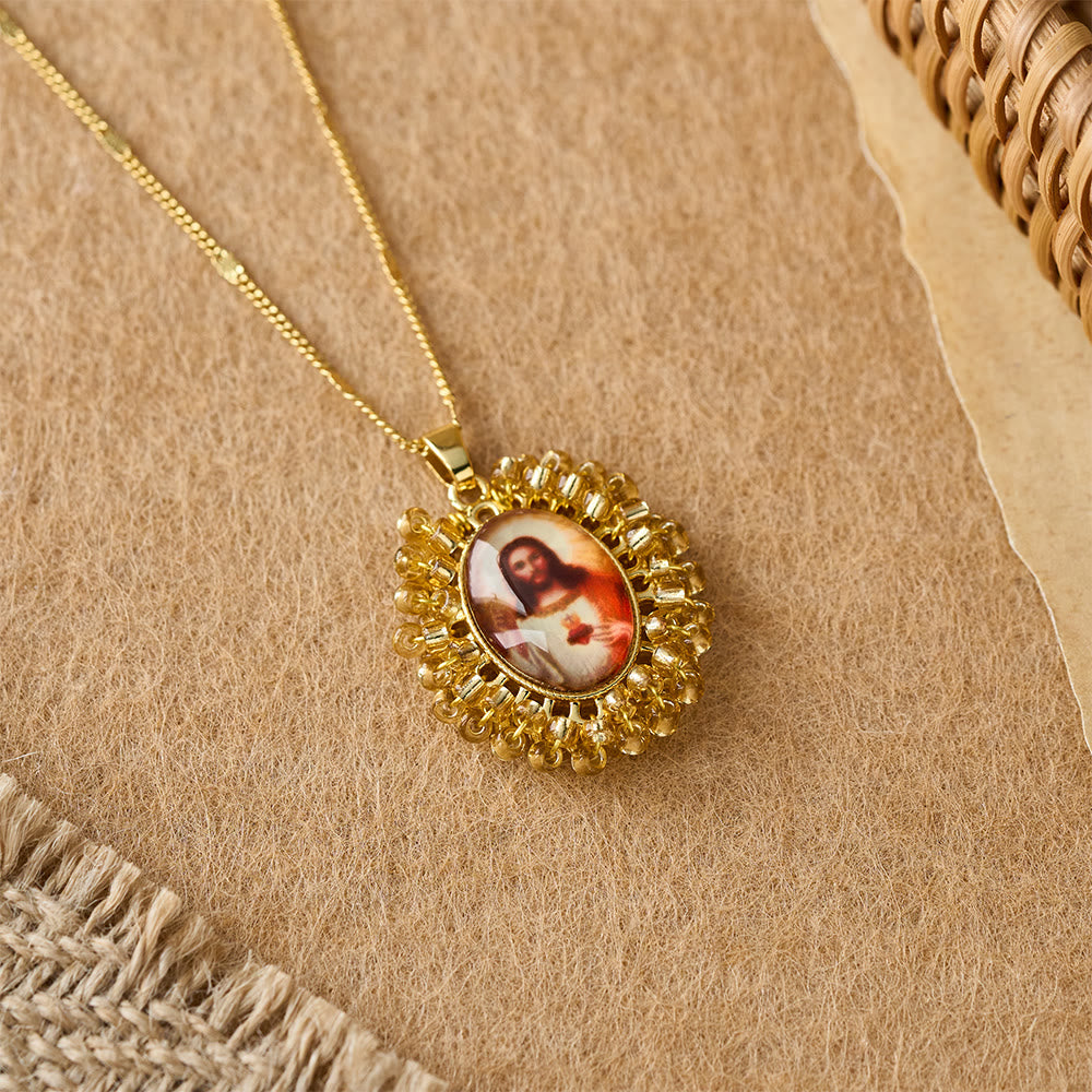 Marian Icon Beaded Oval Pendant Necklace: A Token of Virgin Mary Devotion