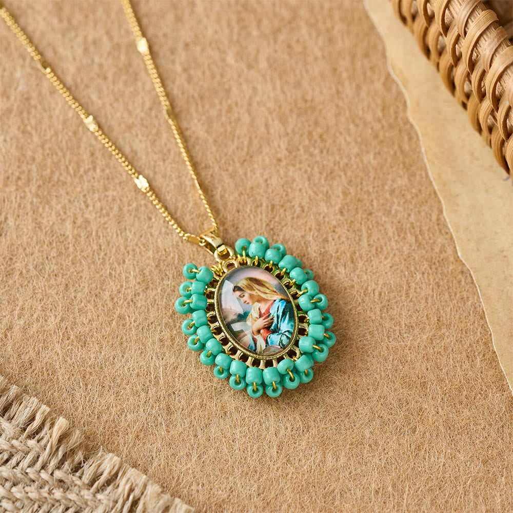Marian Icon Beaded Oval Pendant Necklace: A Token of Virgin Mary Devotion