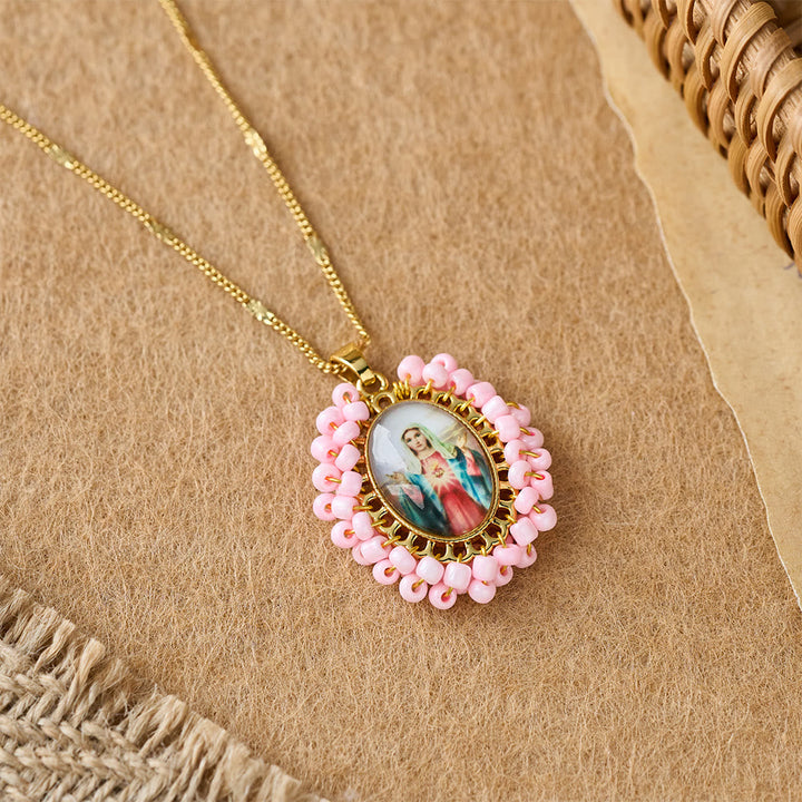 Marian Icon Beaded Oval Pendant Necklace: A Token of Virgin Mary Devotion