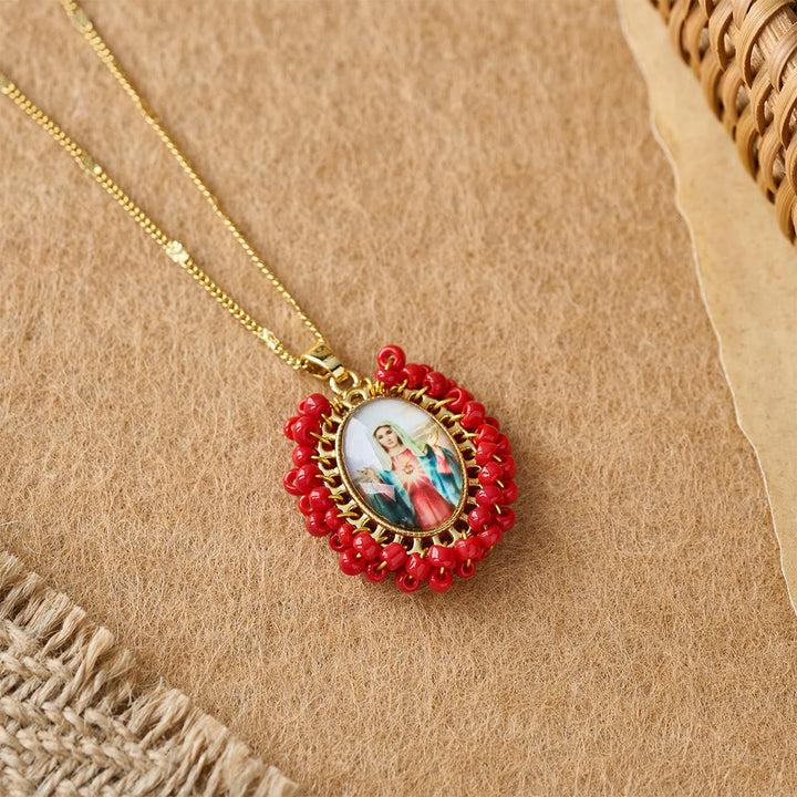 Marian Icon Beaded Oval Pendant Necklace: A Token of Virgin Mary Devotion