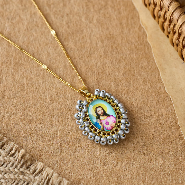 Marian Icon Beaded Oval Pendant Necklace: A Token of Virgin Mary Devotion