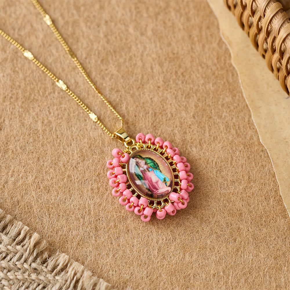 Marian Icon Beaded Oval Pendant Necklace: A Token of Virgin Mary Devotion