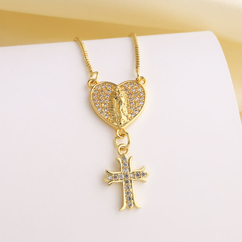Zircon-Encrusted Our Lady & St. Benedict Cross Heart Necklace: Divine Grace in Daily Wear