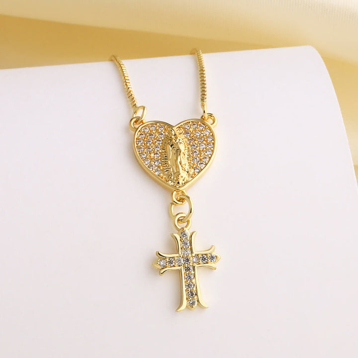 Zircon-Encrusted Our Lady & St. Benedict Cross Heart Necklace: Divine Grace in Daily Wear