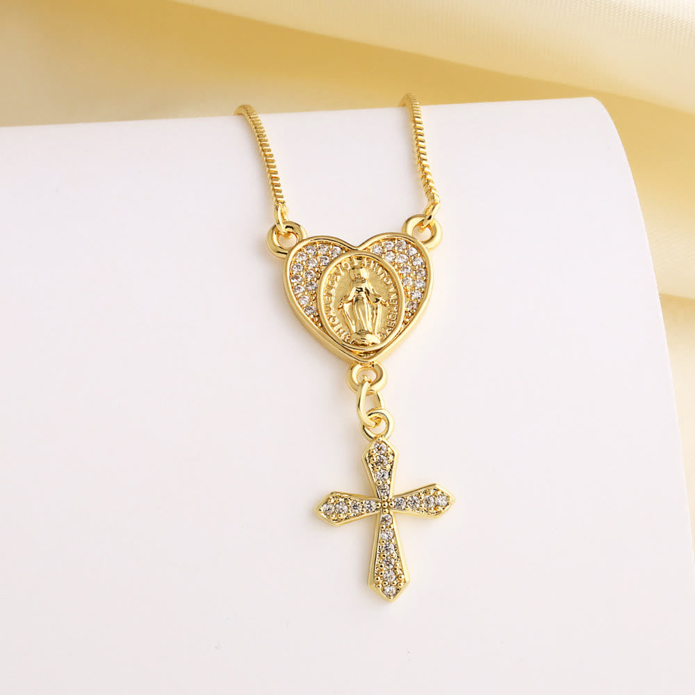 Zircon-Encrusted Our Lady & St. Benedict Cross Heart Necklace: Divine Grace in Daily Wear