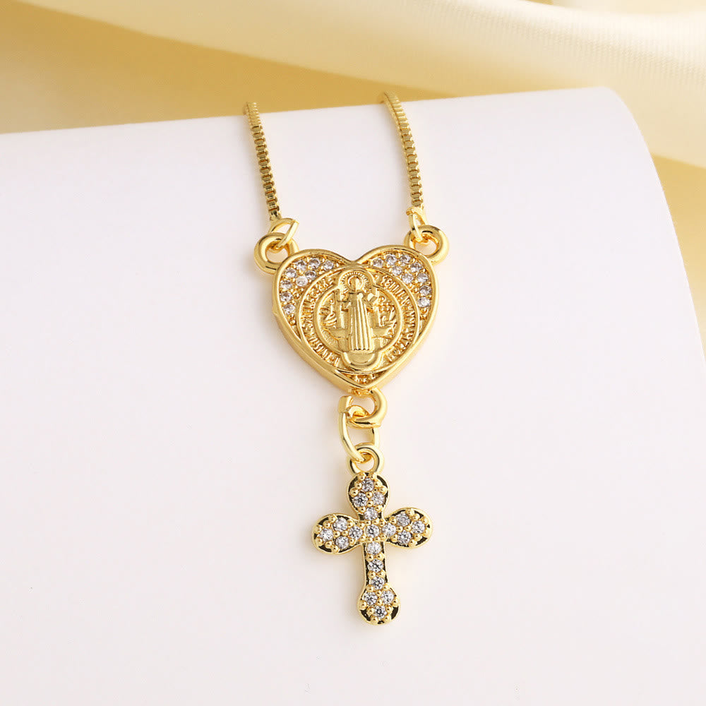 Zircon-Encrusted Our Lady & St. Benedict Cross Heart Necklace: Divine Grace in Daily Wear