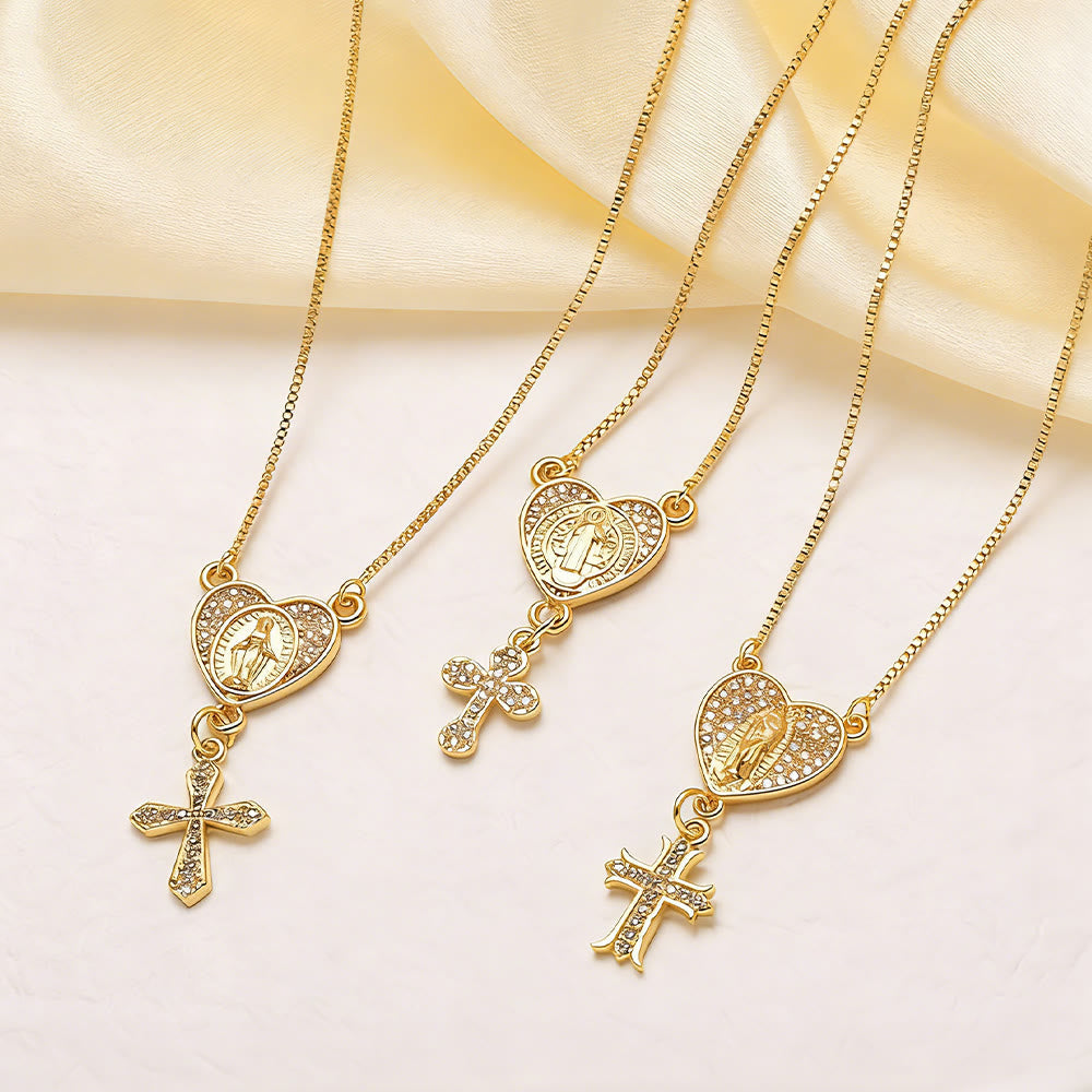 Zircon-Encrusted Our Lady & St. Benedict Cross Heart Necklace: Divine Grace in Daily Wear