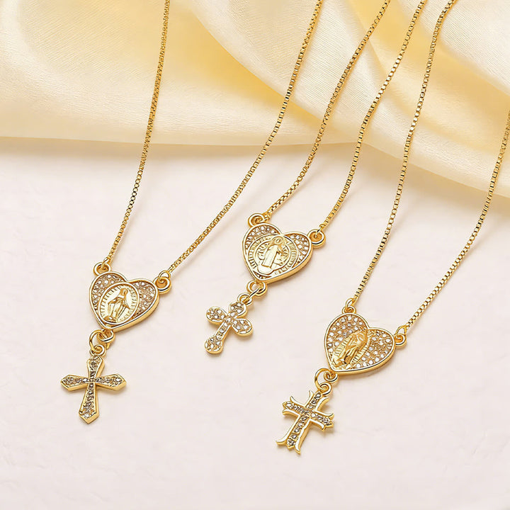 Zircon-Encrusted Our Lady & St. Benedict Cross Heart Necklace: Divine Grace in Daily Wear