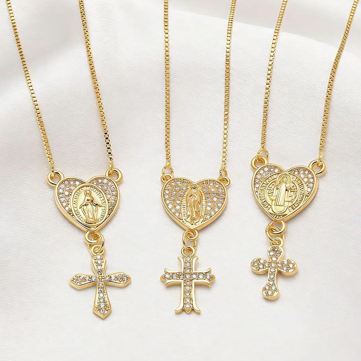 Zircon-Encrusted Our Lady & St. Benedict Cross Heart Necklace: Divine Grace in Daily Wear