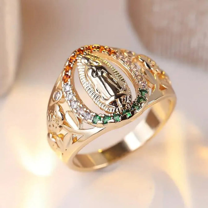 Zircon-Encrusted Our Lady Ring with Floral Design: Elegant Reminder of Unwavering Faith