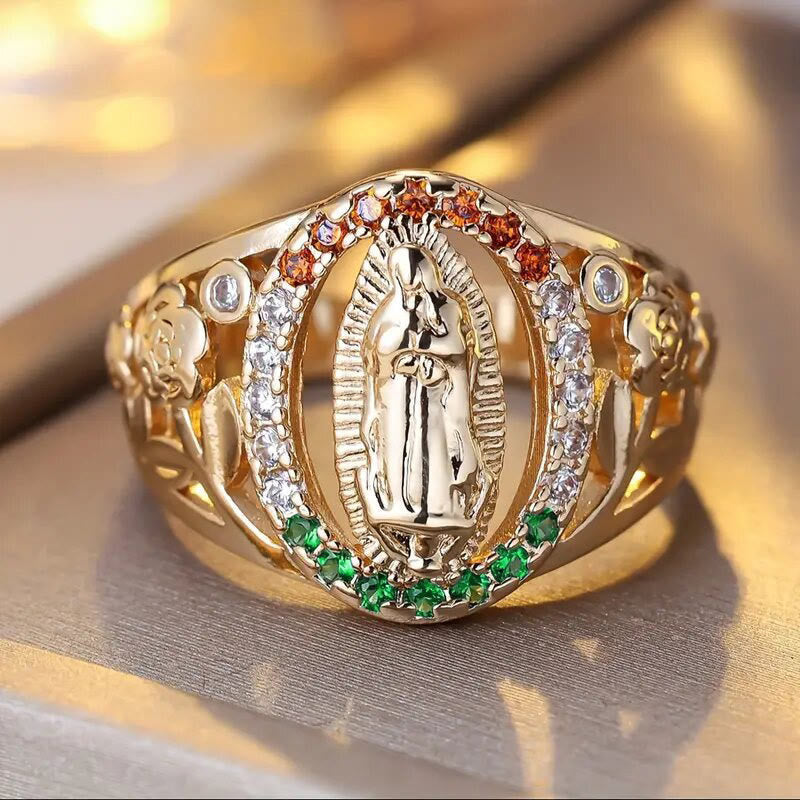 Zircon-Encrusted Our Lady Ring with Floral Design: Elegant Reminder of Unwavering Faith