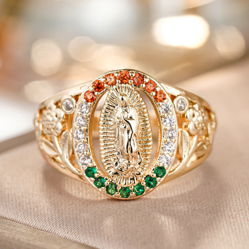Zircon-Encrusted Our Lady Ring with Floral Design: Elegant Reminder of Unwavering Faith