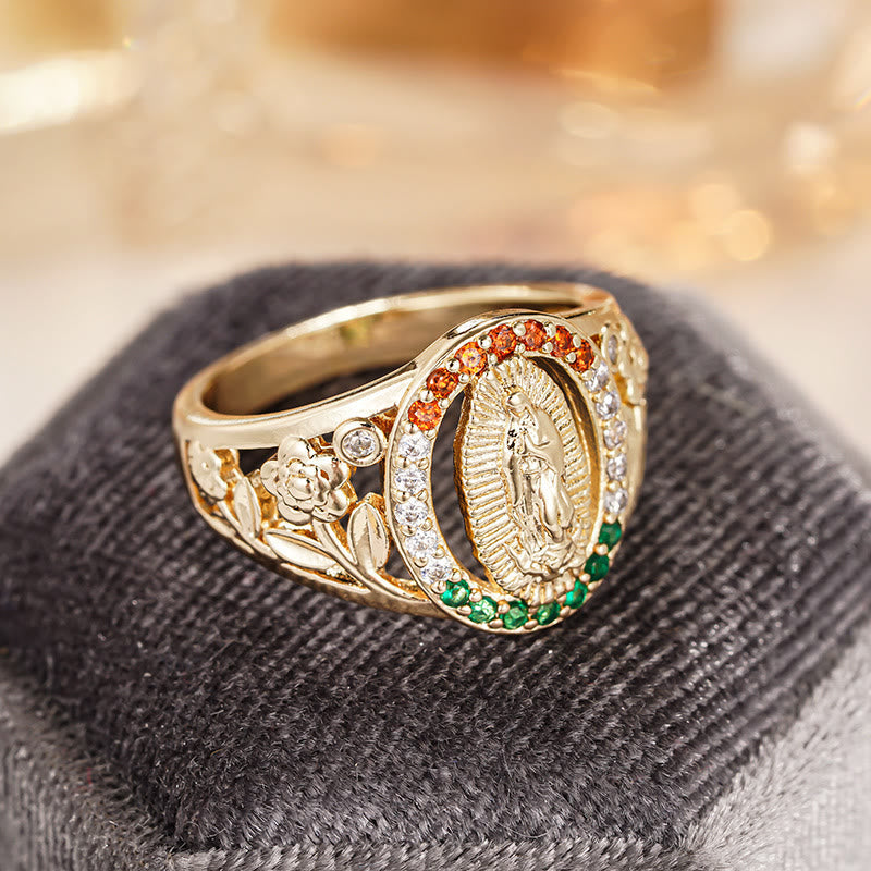 Zircon-Encrusted Our Lady Ring with Floral Design: Elegant Reminder of Unwavering Faith