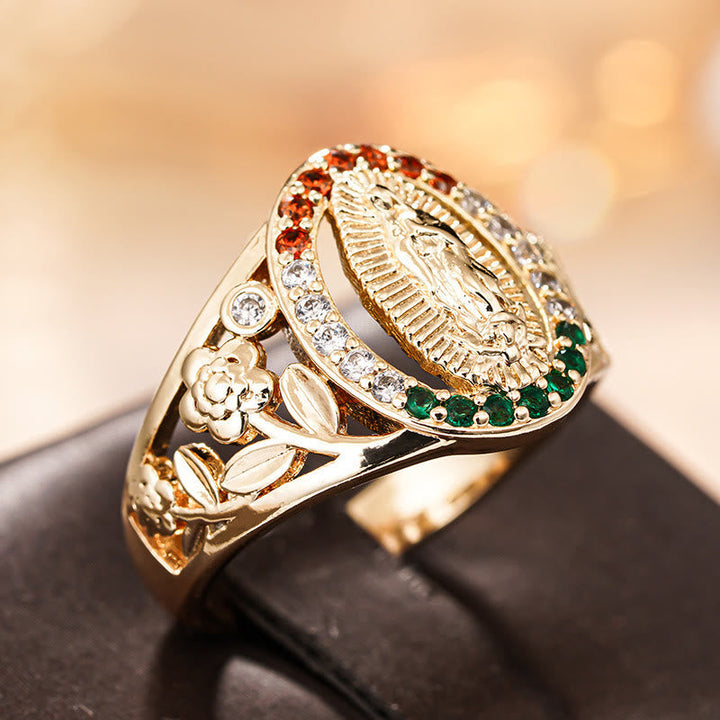 Zircon-Encrusted Our Lady Ring with Floral Design: Elegant Reminder of Unwavering Faith