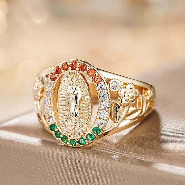Zircon-Encrusted Our Lady Ring with Floral Design: Elegant Reminder of Unwavering Faith
